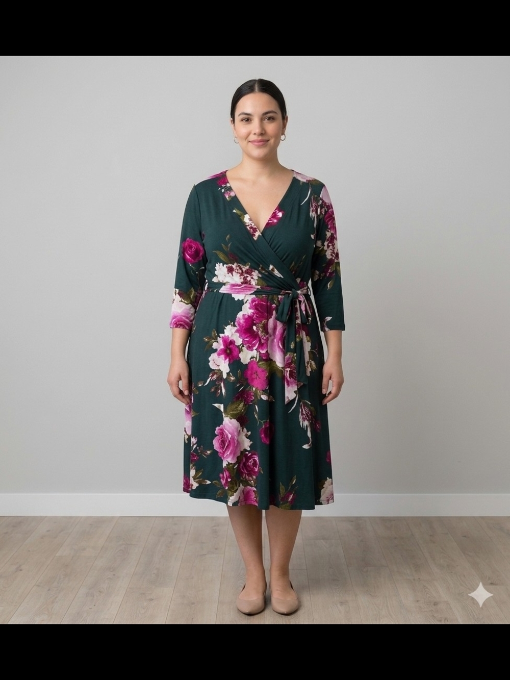 East Adeline Floral V-Neck Dress in Teal with Pink Blooms 1x